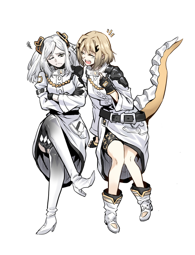 2girls, alchemy_stars, bangs, belt, belt_buckle, black_gloves, blonde_hair, boots