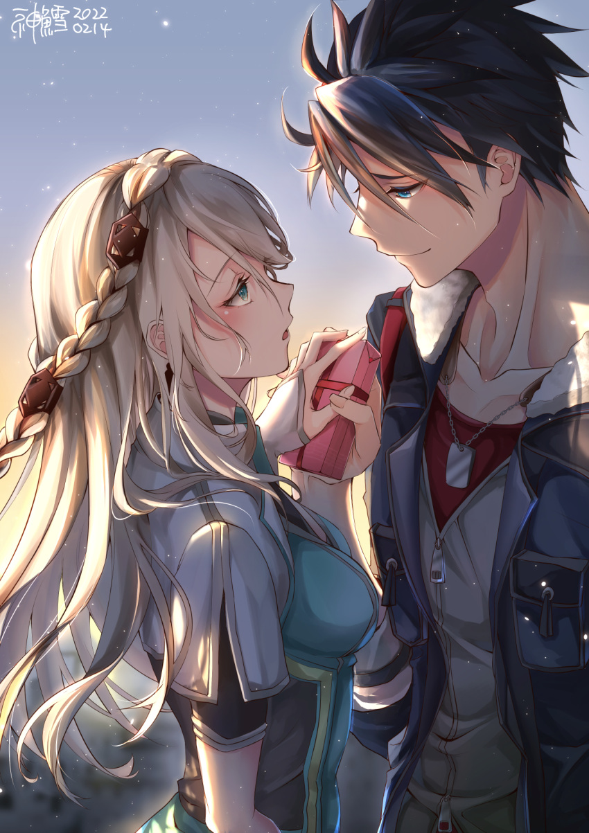 1boy, 1girl, aqua_eyes, black_hair, blonde_hair, blue_eyes, blue_jacket, blush