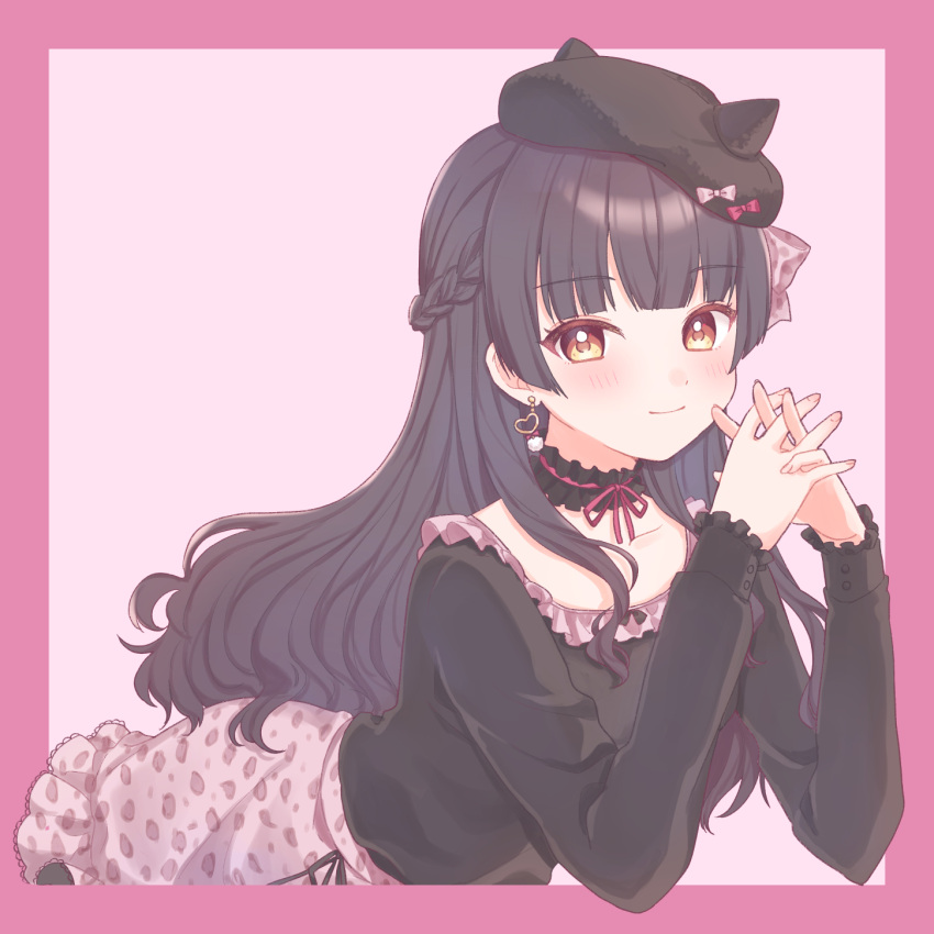 1girl, animal_print, bangs, beret, black_hair, black_headwear, black_shirt, blunt_bangs