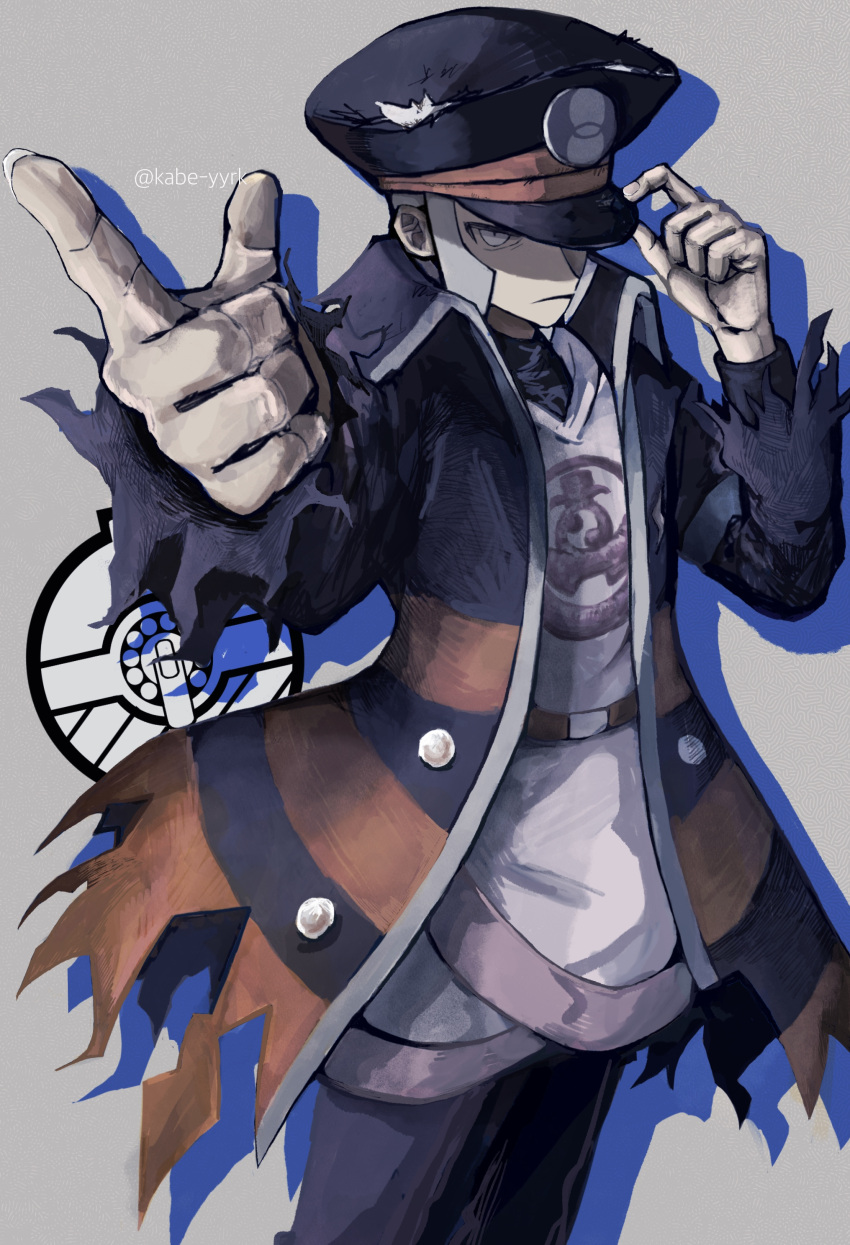 1boy, absurdres, belt, belt_buckle, black_coat, black_headwear, brown_belt, buckle, buttons, closed_mouth, coat, commentary_request, frown, grey_background, grey_eyes, grey_hair, hand_on_headwear, hat, high_collar, highres, ingo_(pokemon), jacket, kabe_(ywky7533), long_sideburns, looking_at_viewer, male_focus, open_clothes, open_coat, peaked_cap, pearl_clan_outfit, pokemon, pokemon_(game), pokemon_legends:_arceus, purple_jacket, short_hair, sideburns, solo, torn_clothes, torn_coat, trench_coat, twitter_username