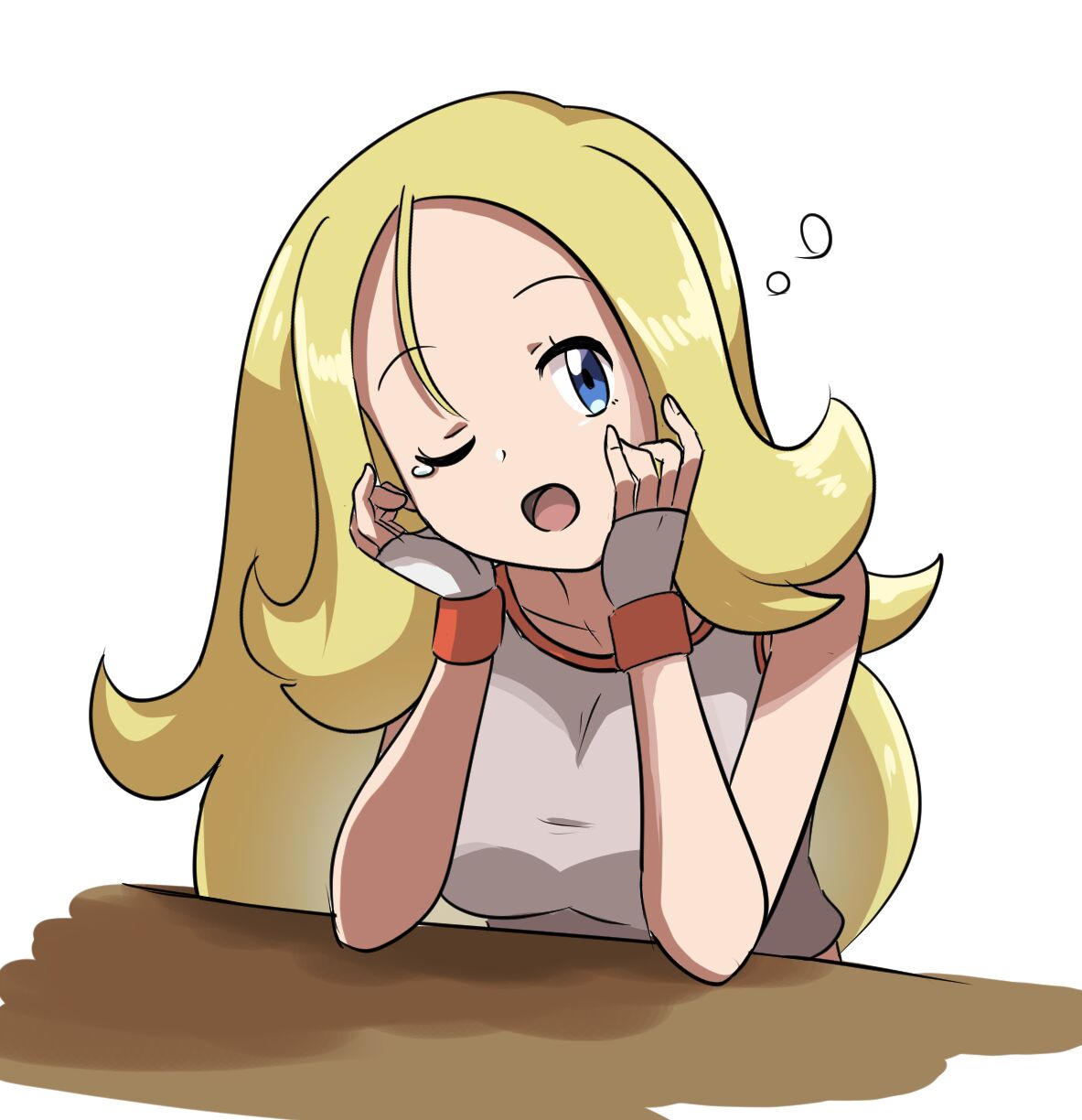 1girl, ;o, bare_arms, blonde_hair, blue_eyes, bubble, collarbone, commentary_request