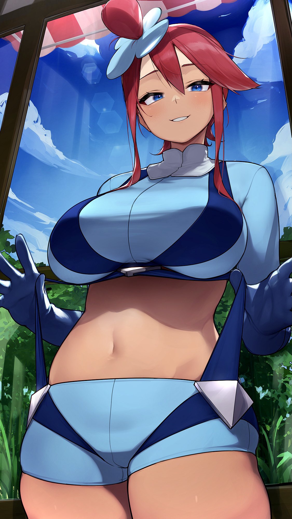 1girl, bangs, blue_eyes, blue_gloves, blue_jacket, blue_shorts, blue_sky, blush