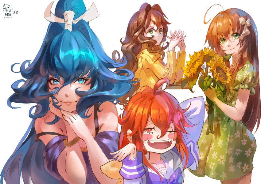 4girls, absurdres, bangs, beige_bow, blue_eyes, blue_hair, blush, bow