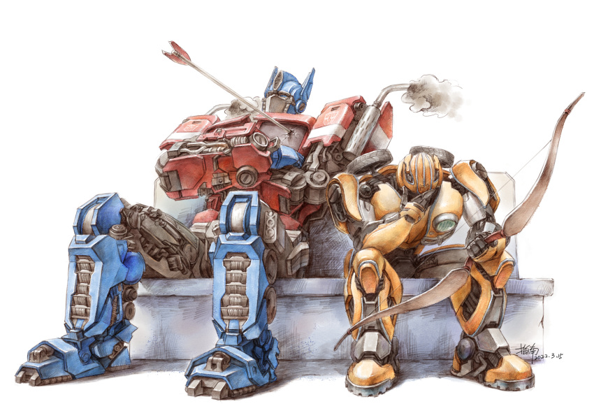 2boys, arrow_in_body, autobot, blue_eyes, bow, bumblebee, bumblebee_(film), crossed_arms