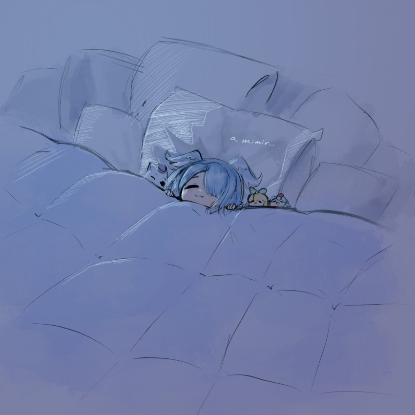 1girl, bangs, blue_eyes, blue_hair, character_doll, closed_eyes, commentary, elira_pendora
