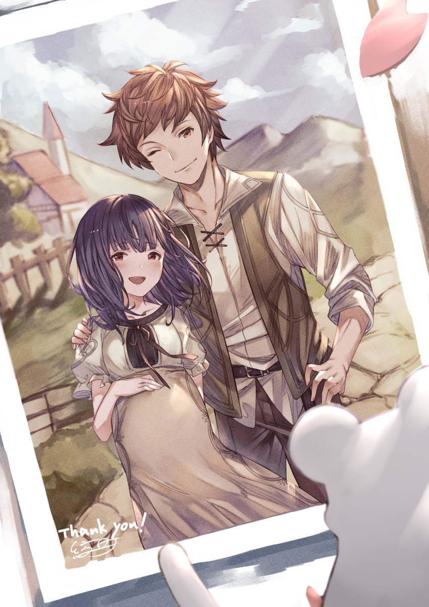 absurdres, ayacho, belt, black_hair, gran_(granblue_fantasy), granblue_fantasy, hand_on_another's_shoulder, highres, house, mountain, mouse, one_eye_closed, photo_(object), pregnant, red_eyes, vest, vikala_(granblue_fantasy)