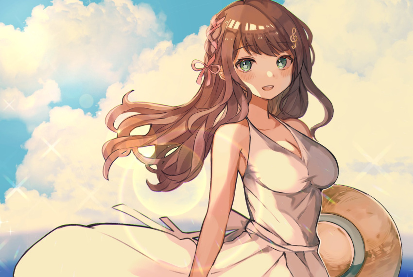 1girl, bangs, blush, bow, breasts, clouds, collarbone, commission, eyebrows_visible_through_hair, green_eyes, hair_behind_ear, hair_bow, highres, lens_flare, long_hair, medium_breasts, miori_celesta, na_(niruo3), open_mouth, pink_bow, skeb_commission, sky, smile, solo, sparkle, treble_clef_hair_ornament, tsunderia, virtual_youtuber