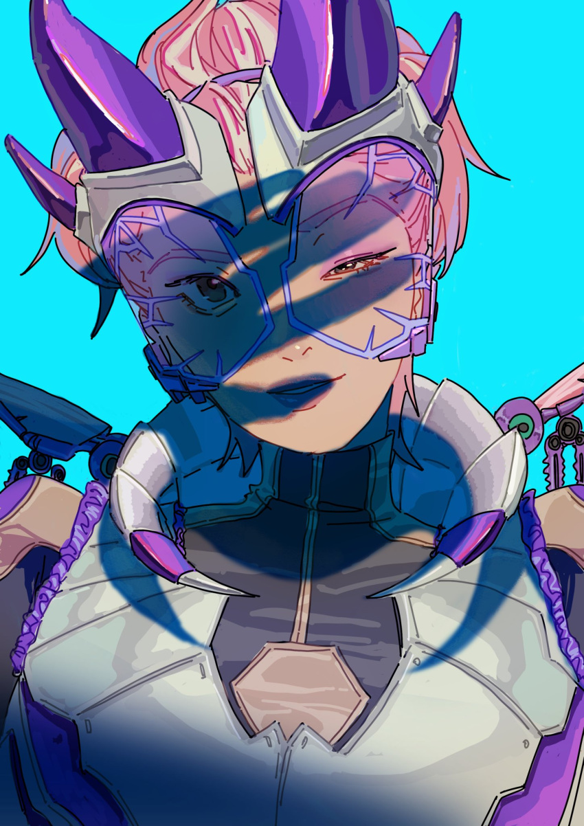 aerial_evolution_valkyrie, apex_legends, black_bodysuit, blue_background, bodysuit, brown_eyes, eyeshadow, goggles