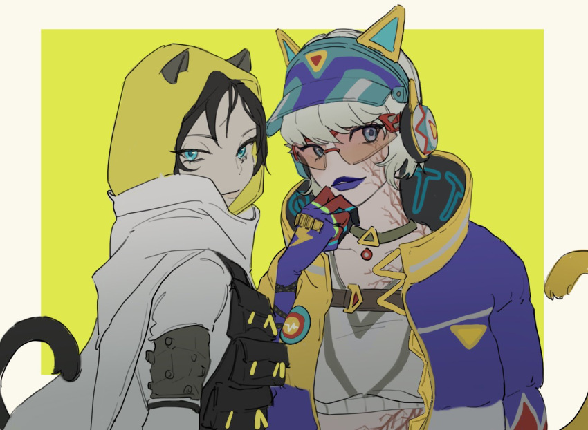 2girls, apex_legends, bangs, black_hair, blue_eyes, blue_headwear, cat_ear_headphones, cat_tail