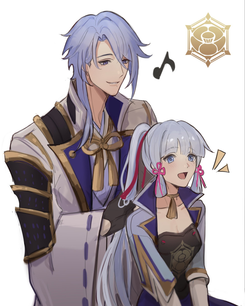 1boy, 1girl, adjusting_another's_hair, armor, bangs, black_gloves, blue_eyes, blue_hair