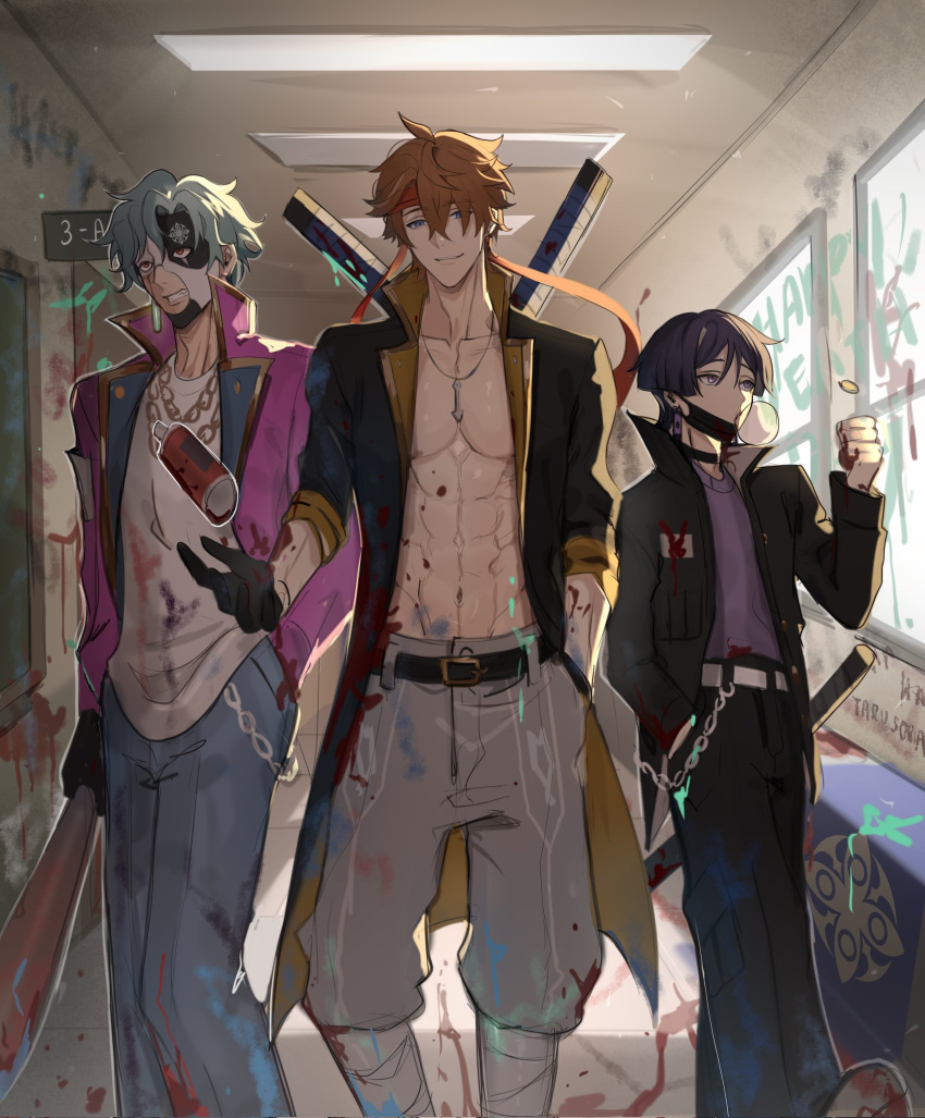 3boys, abs, alternate_costume, blood, blood_on_clothes, bubble_blowing, coat, coin
