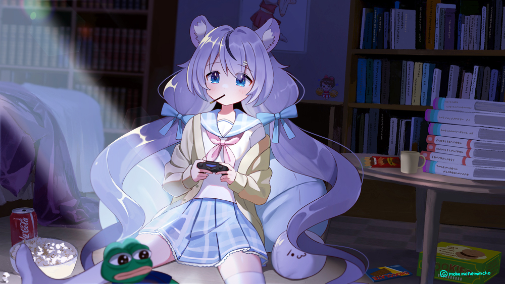 1girl, blue_hair, blue_skirt, book, cardigan, coca-cola, controller, food