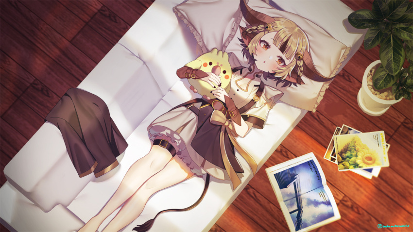 1girl, ammy_(unimris), animal_ears, blonde_hair, couch, cow_ears, cow_girl, cow_horns