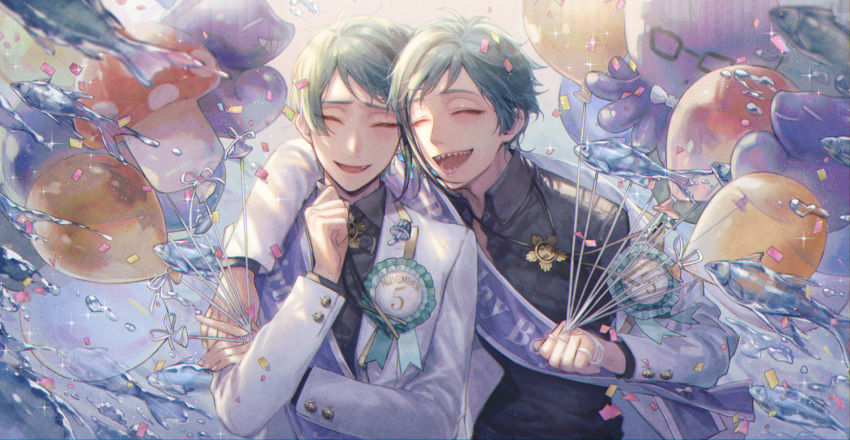 2boys, aqua_hair, balloon, bangs, birthday, black_bow, black_bowtie, black_hair