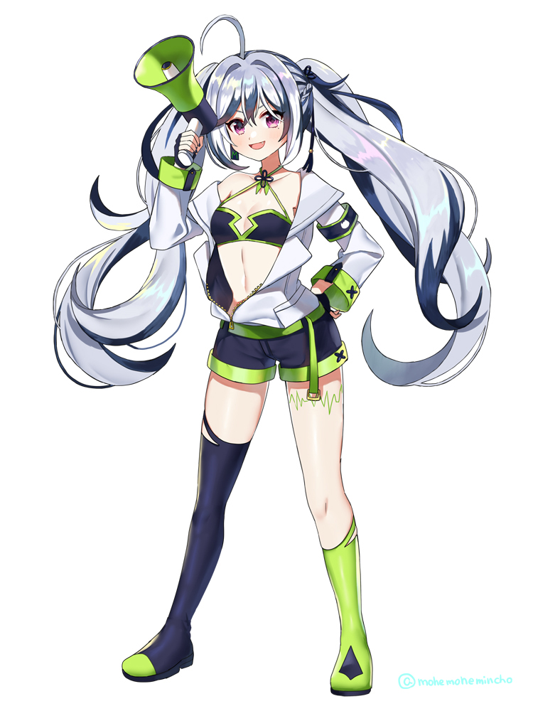 1girl, asymmetrical_legwear, black_ribbon, black_shirt, black_shorts, boots, crop_top, full_body, hair_ribbon, holding, indie_virtual_youtuber, jacket, long_hair, long_sleeves, megaphone, mohemohemincho, mole, mole_under_eye, ribbon, shirt, short_shorts, shorts, silver_hair, takagai_tearschu, thigh-highs, thigh_boots, twintails, violet_eyes, virtual_youtuber, white_background, white_jacket