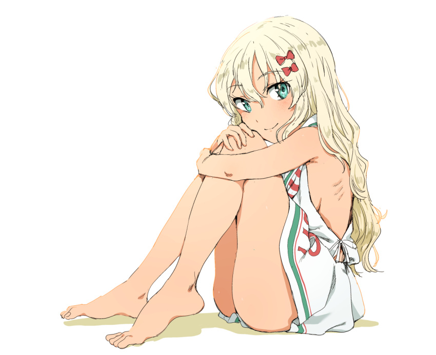 1girl, aqua_eyes, bangs, barefoot, blush, breasts, dress, eyebrows_visible_through_hair, grecale_(kancolle), hair_between_eyes, hugging_own_legs, ibuki_(abuki), kantai_collection, long_hair, neckerchief, sailor_dress, sideboob, simple_background, sitting, sleeveless, sleeveless_dress, small_breasts, smile, solo, striped, striped_neckerchief, white_background, white_dress