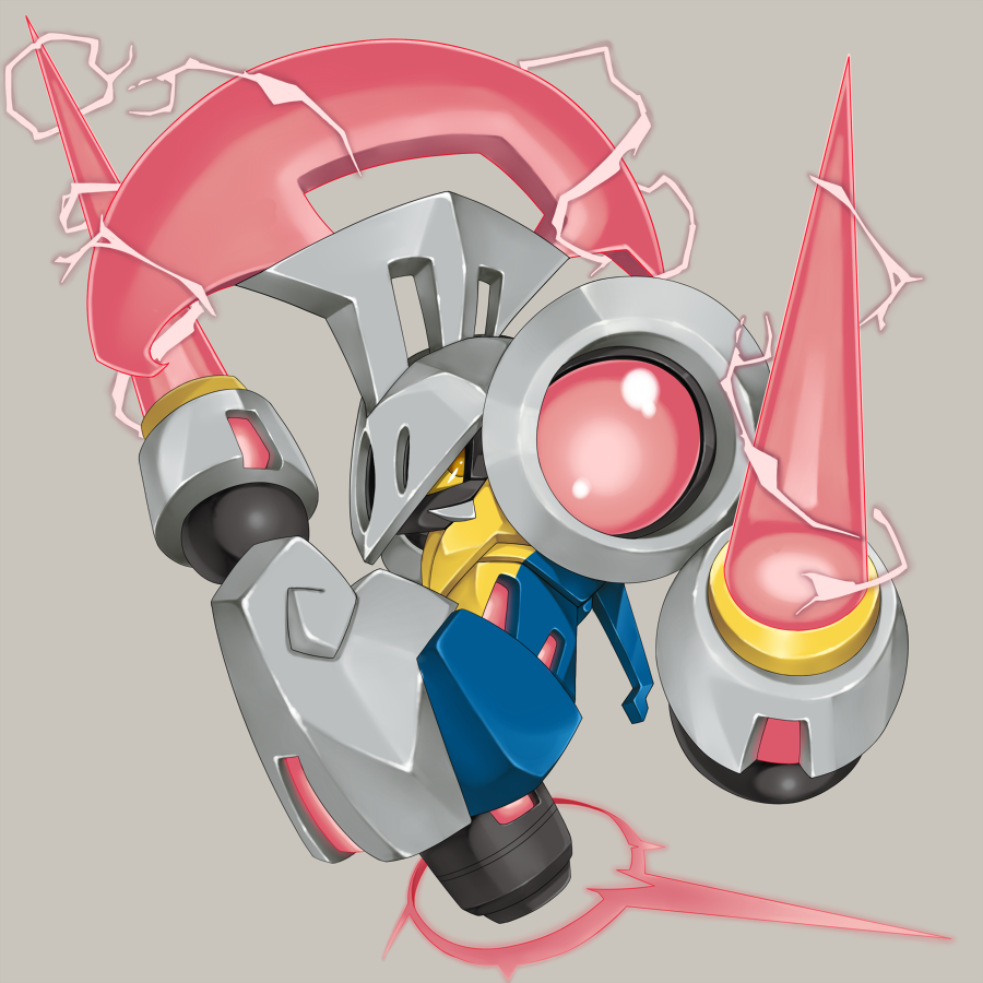 brown_eyes, commentary, energy, escavalier, full_body, grey_background, looking_back, mechanization