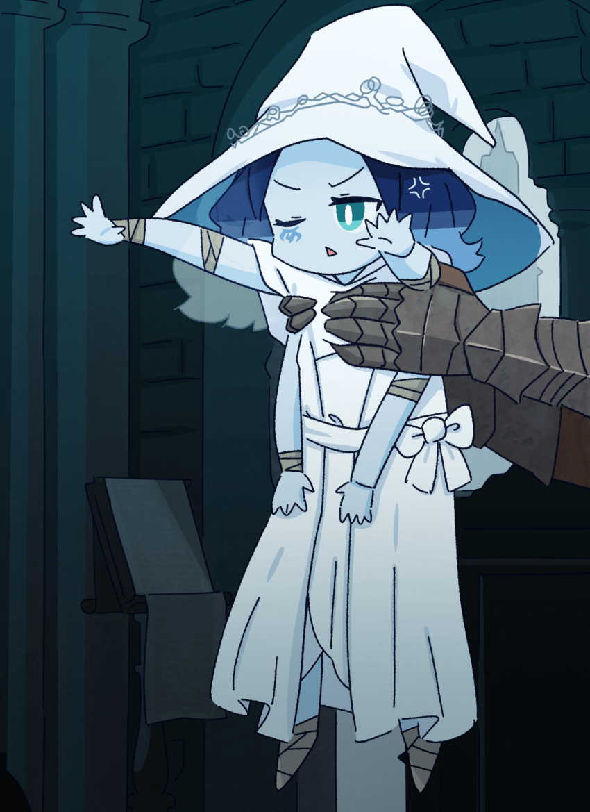 1girl, anger_vein, aqua_eyes, blue_hair, blue_skin, chibi, colored_skin, commentary, elden_ring, english_commentary, extra_arms, facial_tattoo, full_body, gauntlets, hat, highres, holding_person, lifting_person, longcat_(meme), meme, minigirl, one_eye_closed, outstretched_arms, potato7192, ranni_the_witch, short_hair, solo_focus, tattoo, triangle_mouth, white_robe, witch_hat