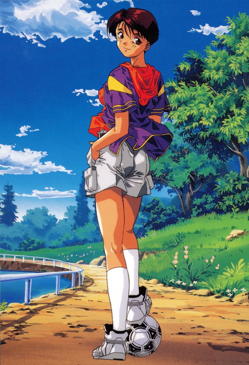 1990s_(style), ball, brown_eyes, brown_hair, day, full_body, hands_in_pockets, highres