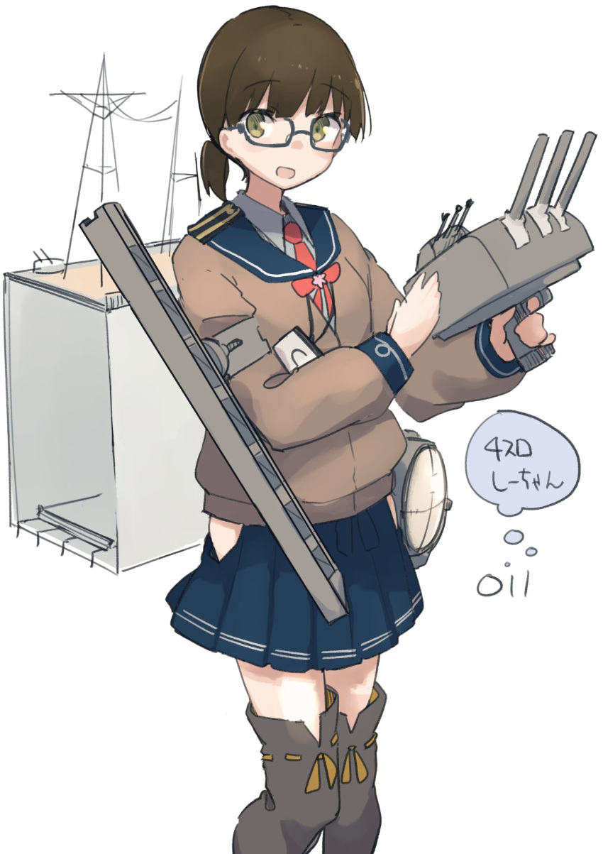 1girl, bangs, blue_skirt, c2-chan, c2_kikan, eyebrows_visible_through_hair, glasses, green_eyes