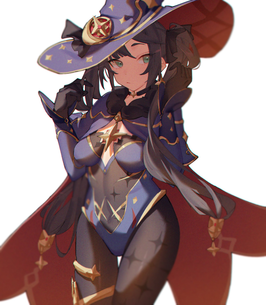 1girl, asymmetrical_bangs, bangs, bikini, black_bikini, black_choker, black_gloves, black_hair, black_legwear, black_ribbon, blue_capelet, blue_headwear, blue_leotard, bow, breasts, capelet, choker, cowboy_shot, detached_sleeves, elbow_gloves, fur_trim, genshin_impact, gloves, green_eyes, hair_ornament, hat, hat_bow, highres, kurokiri6630, leotard, long_hair, looking_away, mona_(genshin_impact), pantyhose, ribbon, solo, star_(symbol), star_hair_ornament, swimsuit, thighlet, twintails, white_background, witch_hat