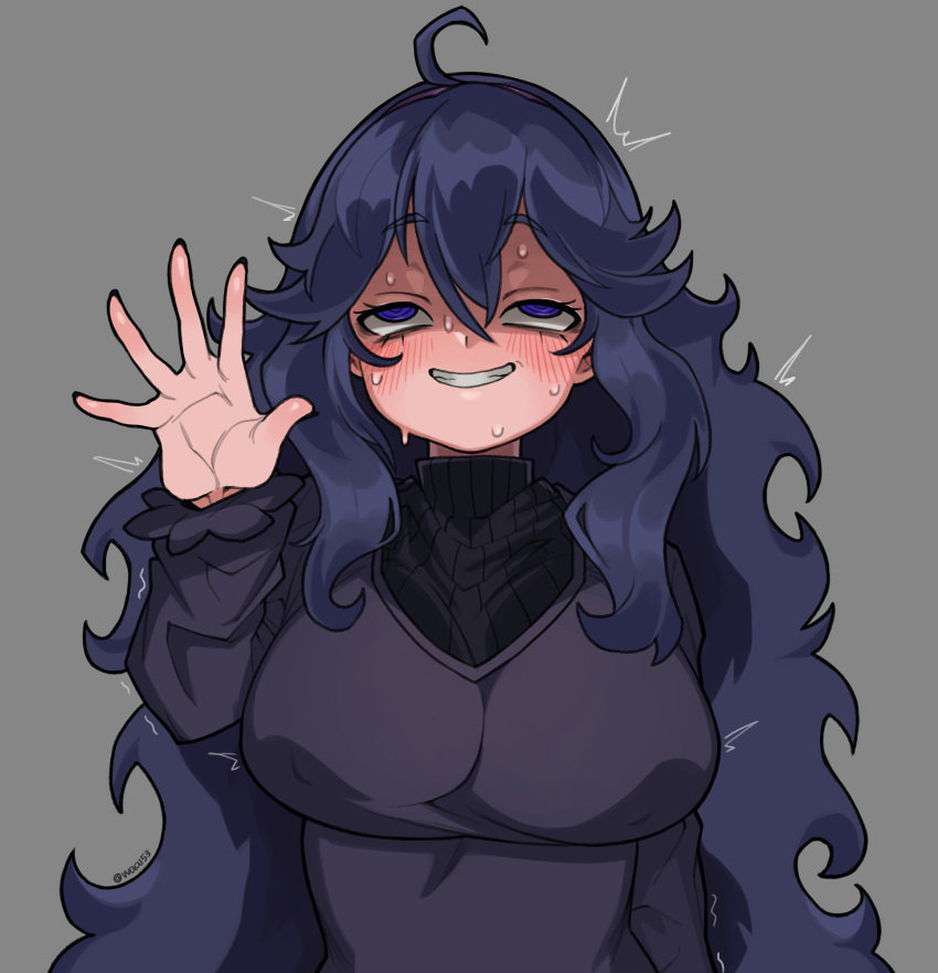 1girl, ahoge, breasts, english_commentary, eyebrows_visible_through_hair, hair_between_eyes, hairband, hex_maniac_(pokemon), highres, large_breasts, looking_up, parted_lips, pokemon, pokemon_(game), pokemon_xy, purple_hair, purple_hairband, sweat, teeth, twitter_username, violet_eyes, waa153