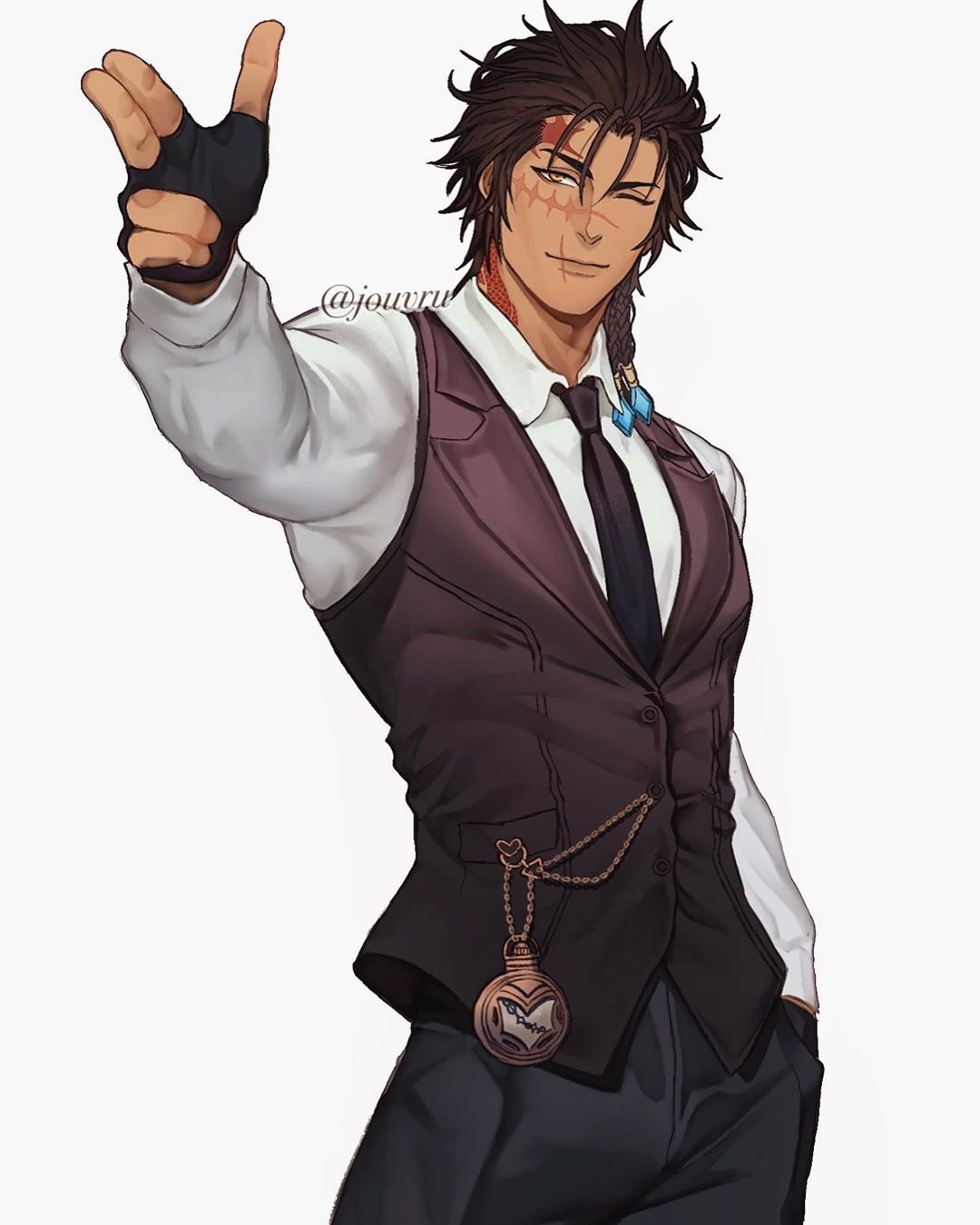 1boy, aiming, artist_name, assault_rifle, black_hair, burn_scar, collared_shirt, commission