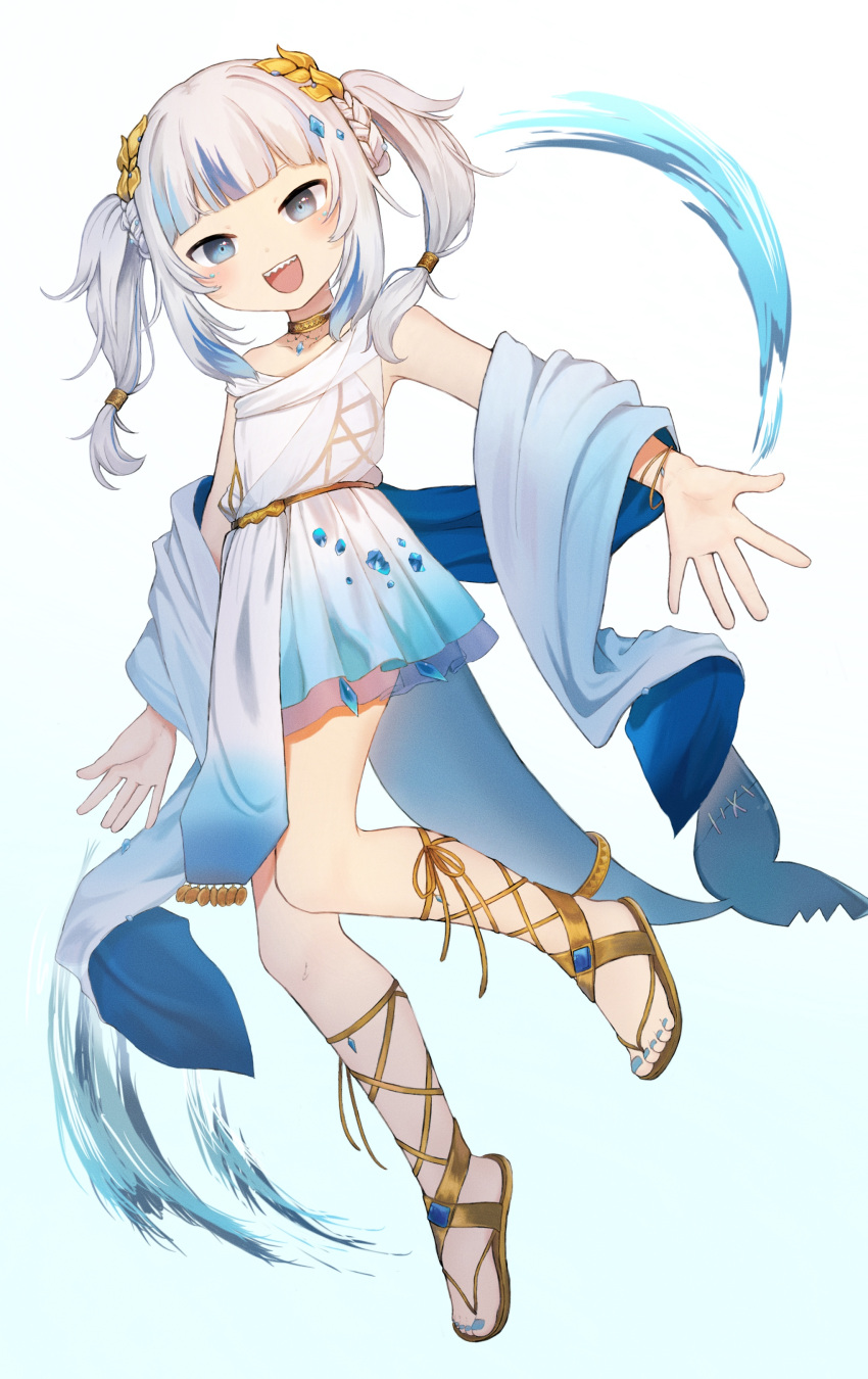 1girl, :d, absurdres, aka_tadaima, bangs, blue_background, blue_eyes, blue_hair, blue_nails, bracelet, choker, circlet, dress, fish_tail, flip-flops, full_body, gawr_gura, hair_ornament, headgear, highres, hololive, hololive_english, jewelry, looking_at_viewer, medium_hair, multicolored_hair, nail_polish, open_mouth, sandals, shark_girl, shark_tail, sharp_teeth, smile, solo, streaked_hair, tail, teeth, toenail_polish, toenails, toes, toga, twintails, two-tone_hair, virtual_youtuber, water, white_hair