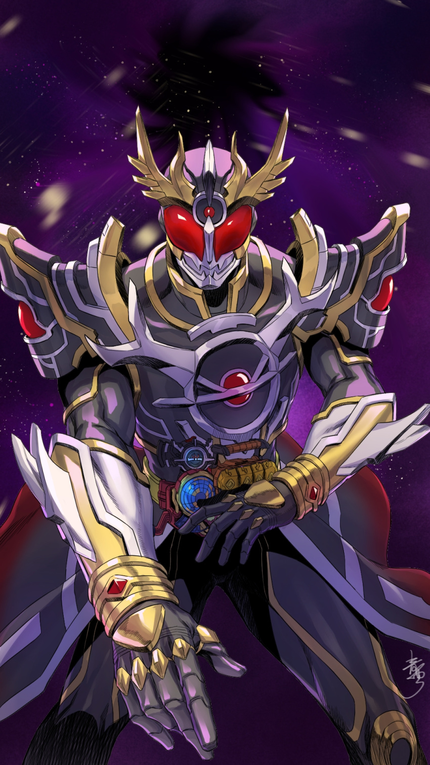 1509063023, 1boy, armor, belt, black_armor, black_bodysuit, black_hole, bodysuit, breastplate, etching, evol_blackhole, evol_driver, evol_trigger, fusion, gauntlets, gold_horns, highres, horns, kamen_rider, kamen_rider_build_(series), kamen_rider_evol, kamen_rider_kuuga, kamen_rider_kuuga_(series), male_focus, red_eyes, science_fiction, signature, space, white_armor