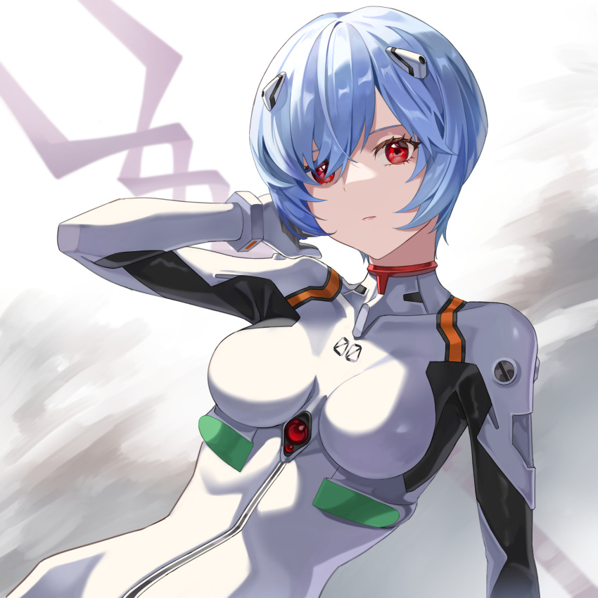 1girl, absurdres, ayanami_rei, blue_hair, bodysuit, breasts, highres, interface_headset, looking_at_viewer, maririri111, medium_breasts, neon_genesis_evangelion, pilot_suit, plugsuit, red_eyes, short_hair, solo, white_bodysuit