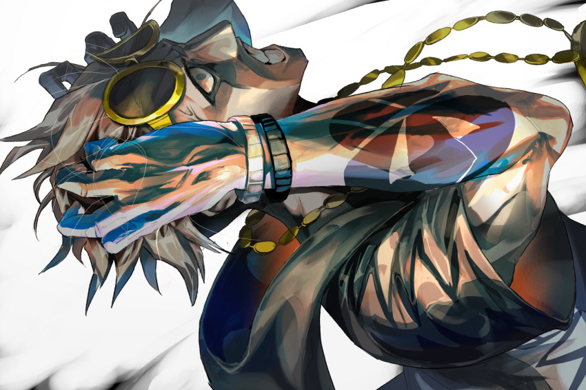 1boy, arm_tattoo, black_hair, comanie, eyewear_on_head, guzma_(pokemon), highres, hood