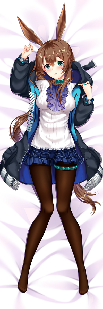 1girl, :d, amiya_(arknights), animal_ears, arknights, bangs, bed, bed_sheet