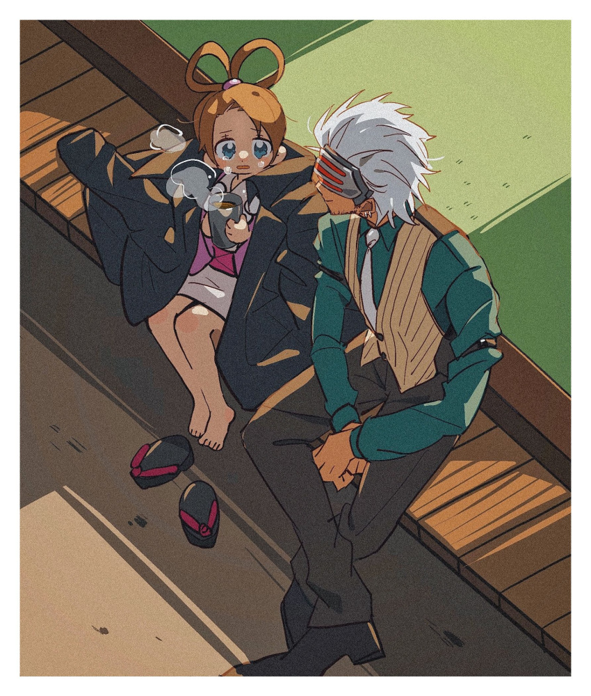 1boy, 1girl, ace_attorney, beard, brown_hair, brown_pants, cup, facial_hair
