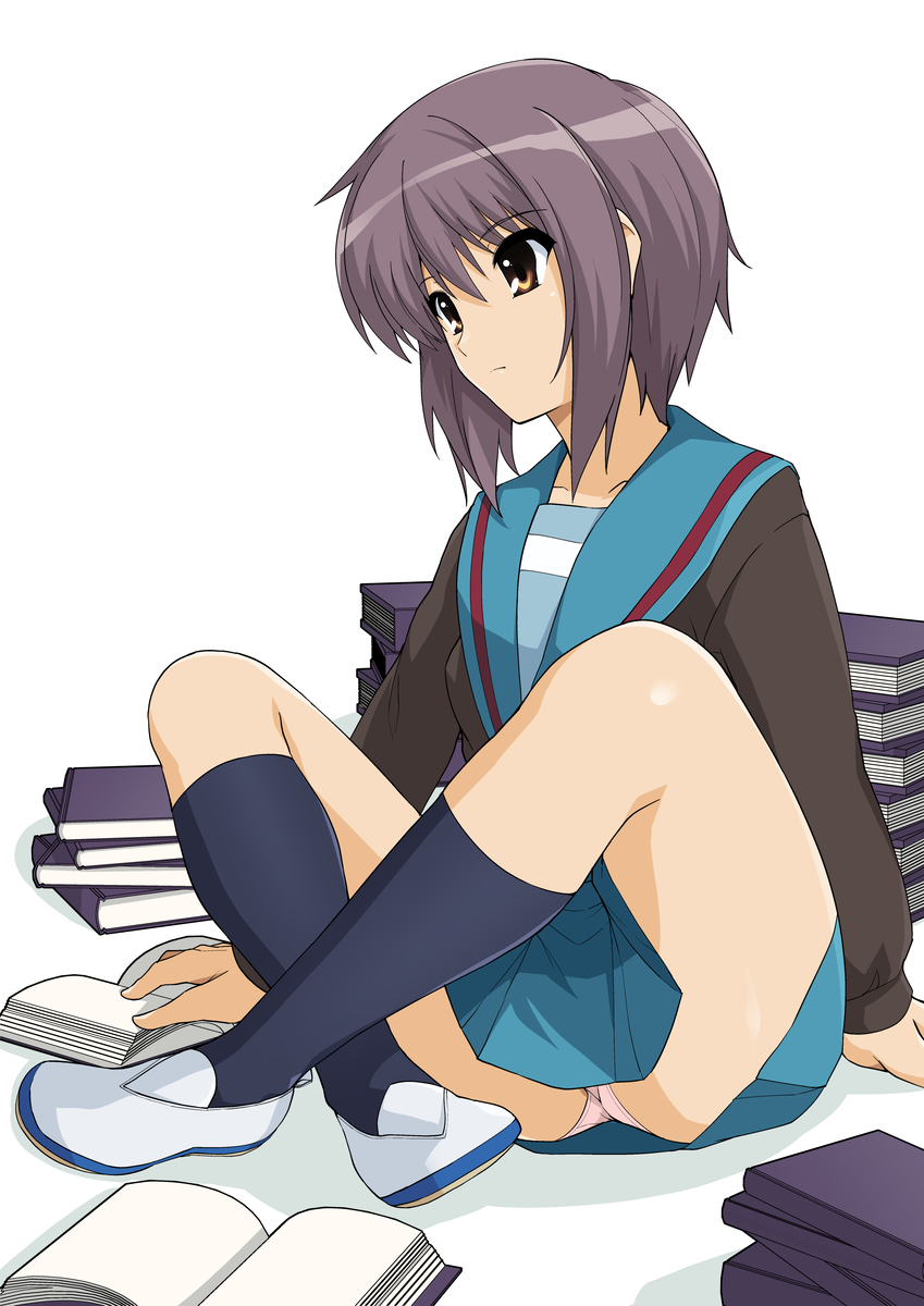 1girl, blue_legwear, blue_sailor_collar, blue_skirt, book, book_stack, brown_eyes, cardigan