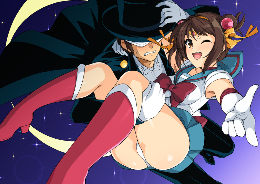 1boy, 1girl, ;d, adapted_uniform, bishoujo_senshi_sailor_moon, blue_sailor_collar, blue_skirt, brown_eyes