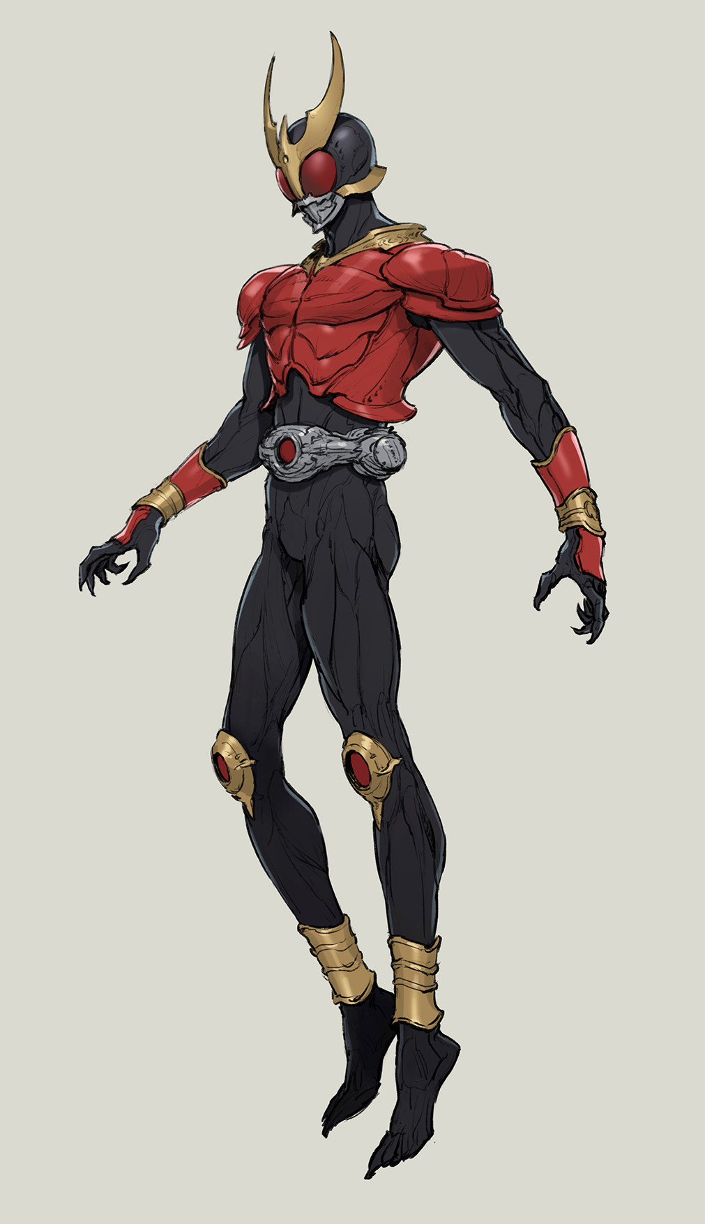 1boy, abs, anklet, armor, belt, bigunit, black_bodysuit, black_footwear
