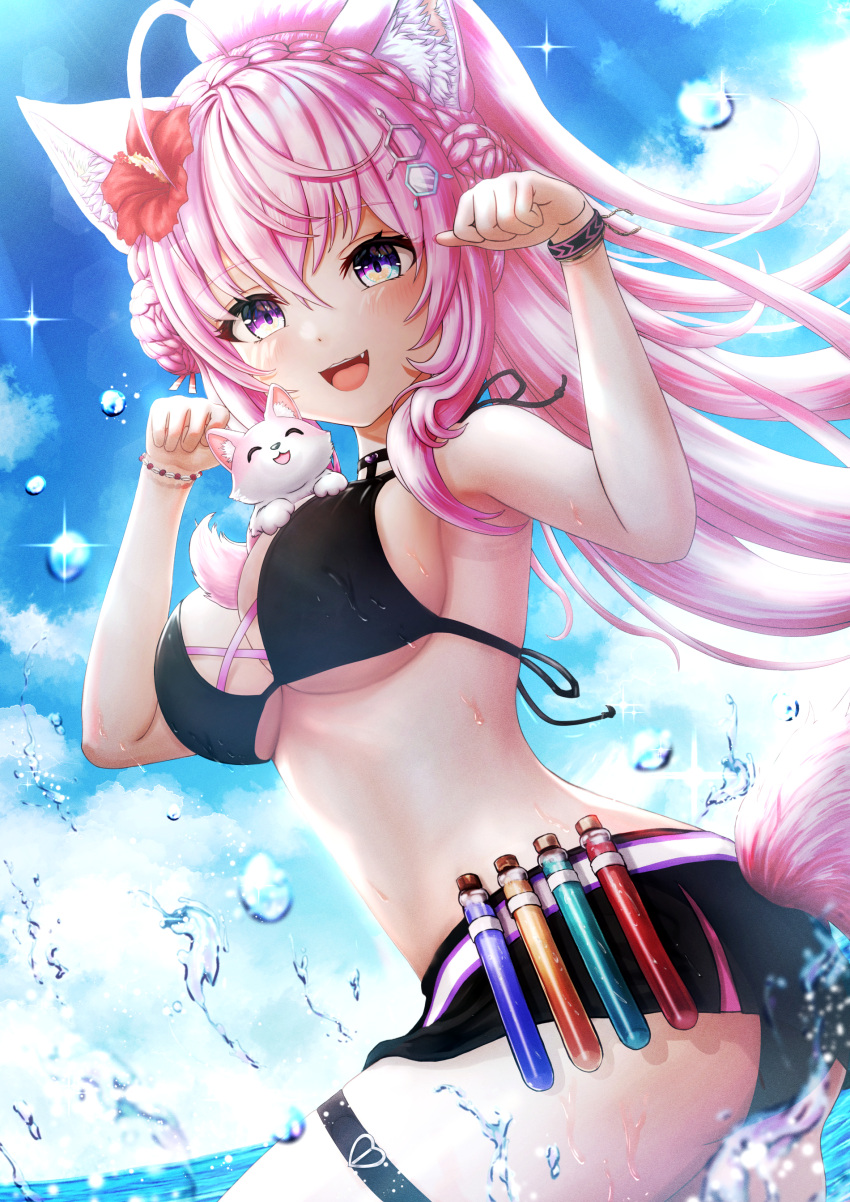1girl, absurdres, ahoge, animal_ear_fluff, arms_up, bangs, bikini, bikini_skirt