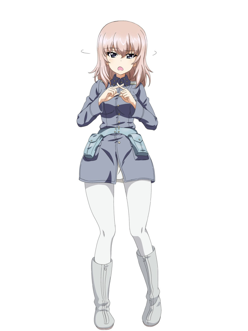 1girl, blue_eyes, blue_jacket, boots, commission, cosplay, eila_ilmatar_juutilainen, eila_ilmatar_juutilainen_(cosplay), eyebrows_visible_through_hair, full_body, girls_und_panzer, highres, itsumi_erika, jacket, key_(gaigaigai123), looking_at_viewer, medium_hair, military, military_uniform, muri_dana, pantyhose, silver_hair, simple_background, solo, strike_witches, uniform, white_background, white_footwear, white_legwear, world_witches_series, x_fingers
