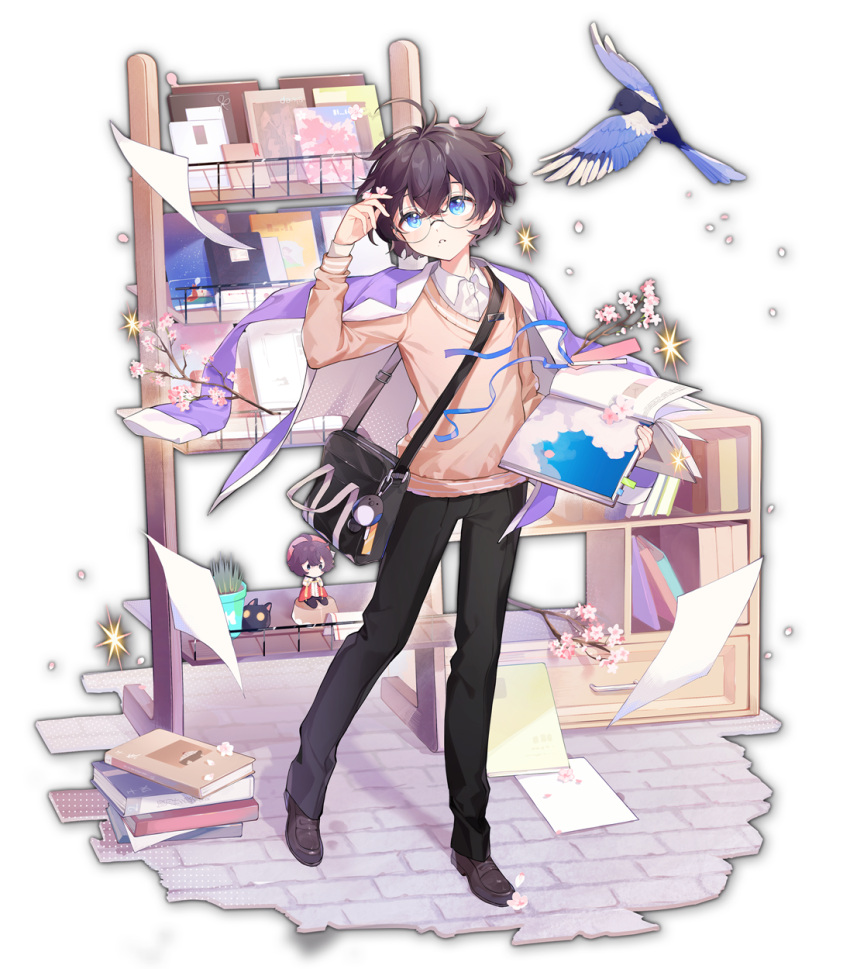 1boy, artist_request, bag, bird, bird_request, black_hair, black_legwear, blue_eyes