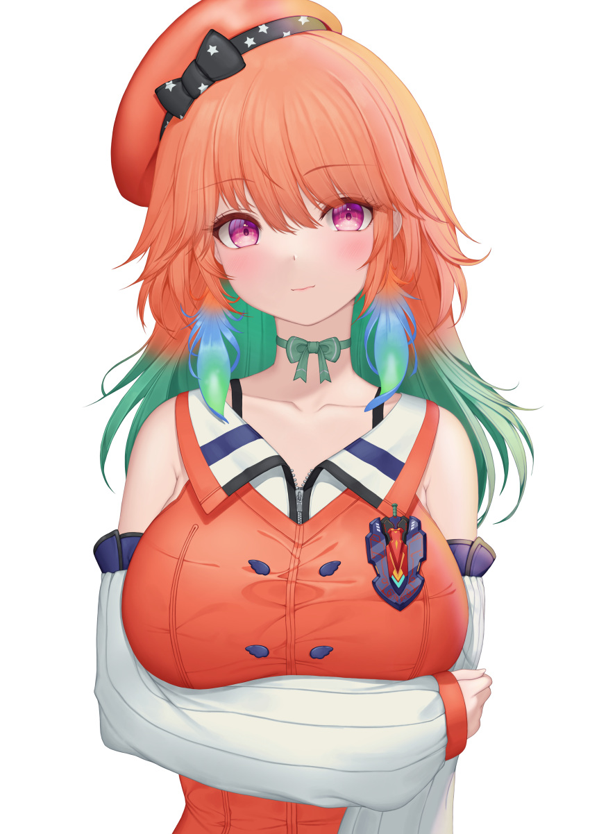 1girl, absurdres, aqua_hair, arm_under_breasts, bangs, bare_shoulders, collarbone, detached_sleeves