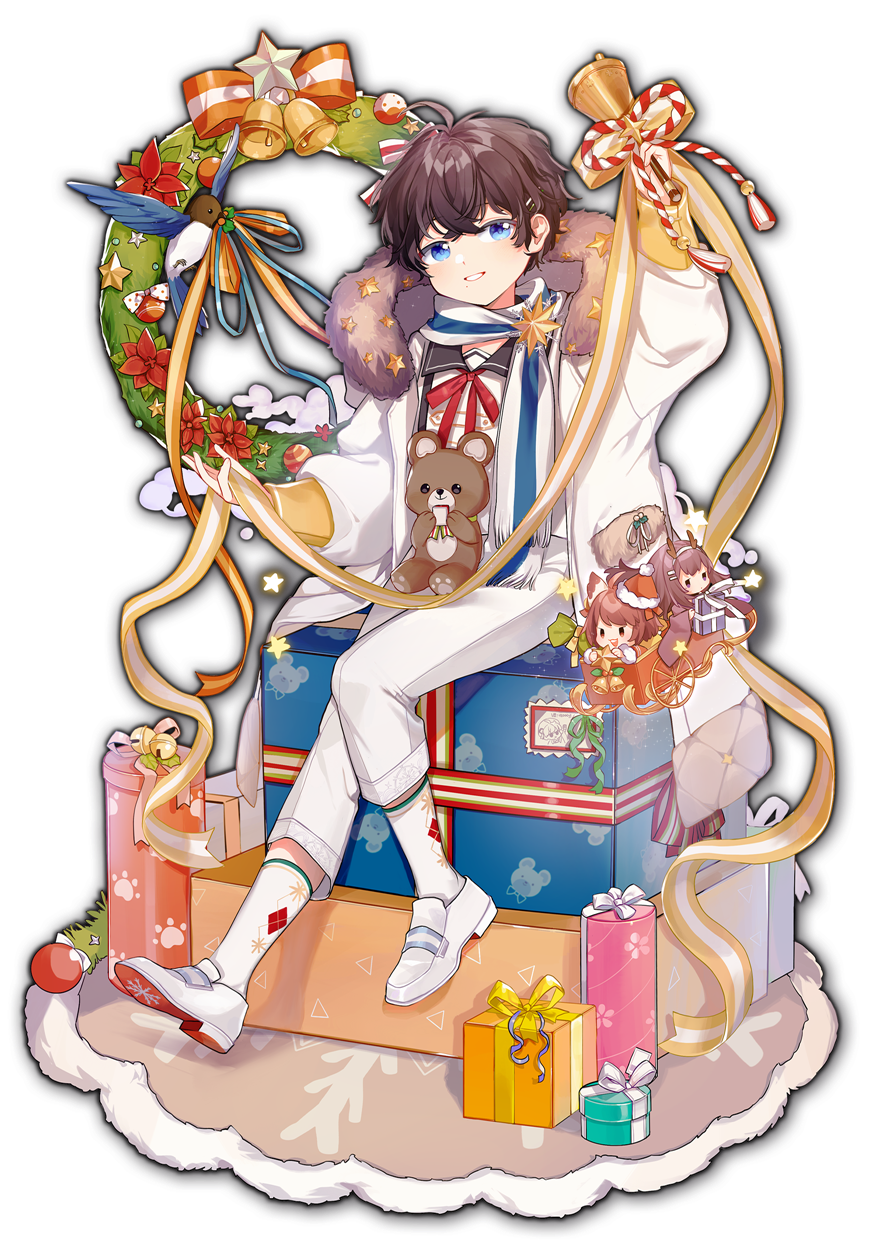 1boy, artist_request, bell, bird, bird_request, blue_eyes, bow, brown_hair