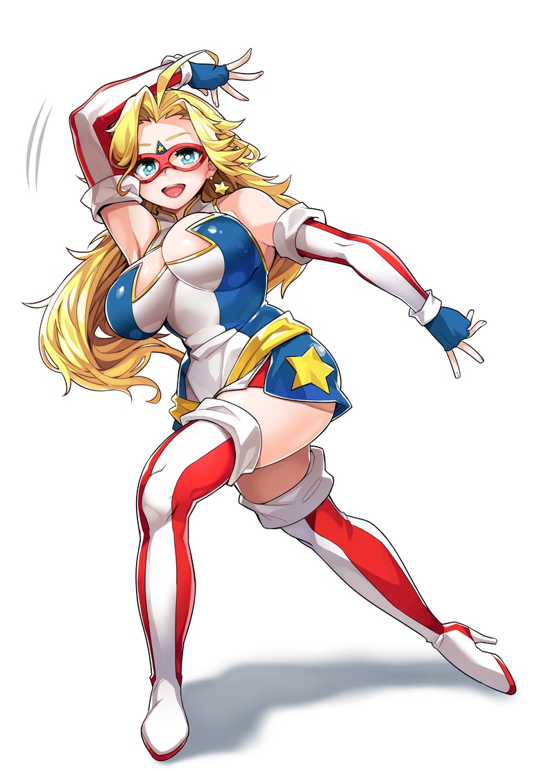 1girl, anime_girl_throwing_things_(meme), arm_above_head, bare_shoulders, blonde_hair, blue_eyes, boots, breasts