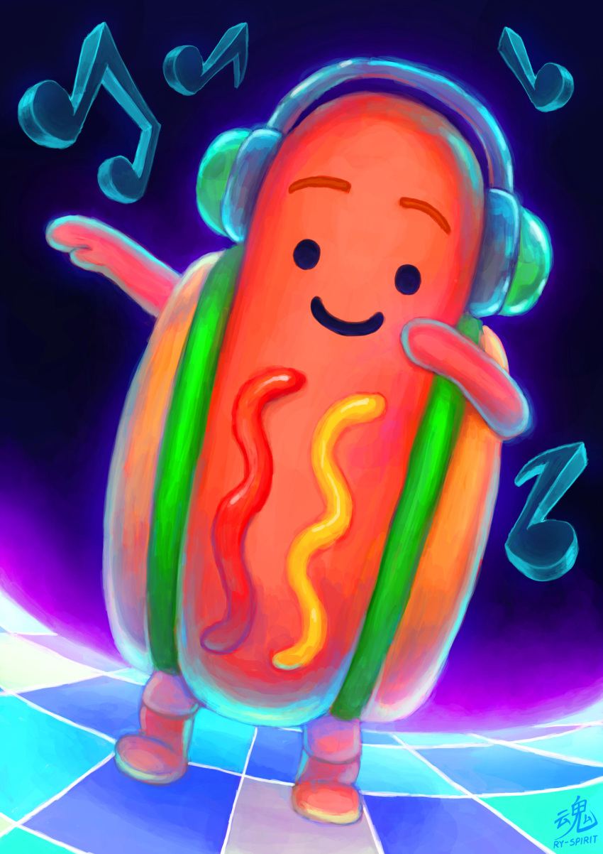 1other, absurdres, artist_name, beamed_eighth_notes, closed_mouth, commentary, dancing, dancing_hot_dog_(snapchat)