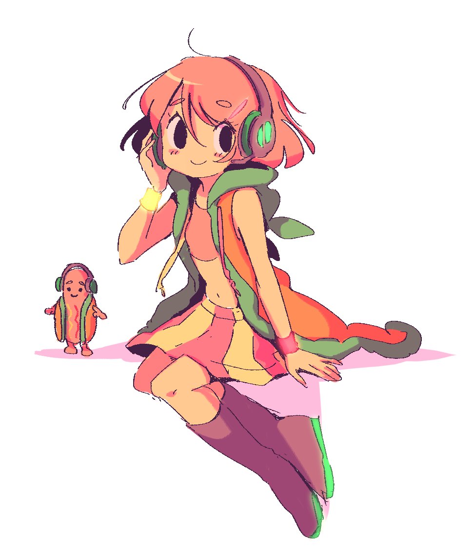 1girl, black_eyes, boots, closed_mouth, commentary, crop_top, dancing_hot_dog_(snapchat), drawstring