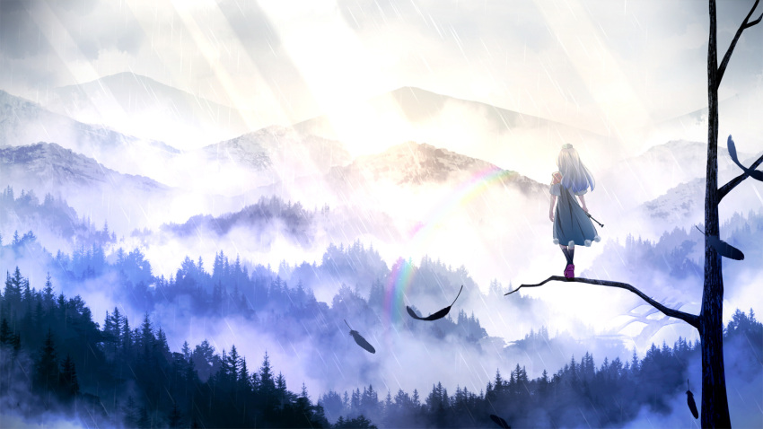 black_feathers, black_legwear, blue_dress, blue_hair, commentary_request, dress, endlesscat, forest
