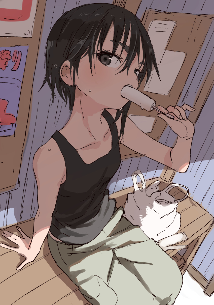 1girl, absurdres, black_eyes, black_hair, black_tank_top, commentary_request, food, green_pants