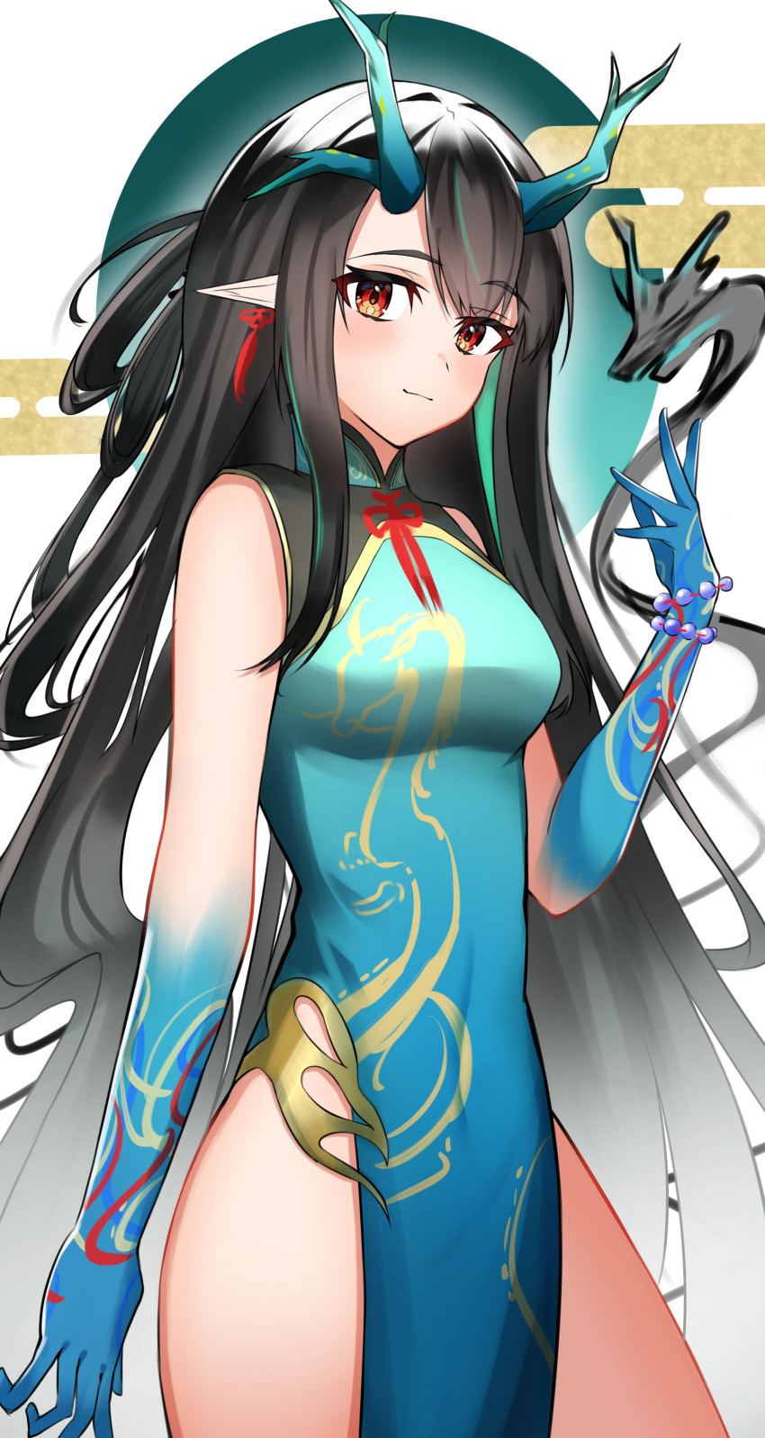 1girl, absurdres, arknights, bangs, bead_bracelet, beads, black_hair, blue_dress