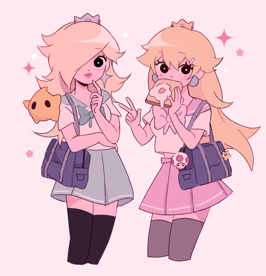 2girls, absurdres, alternate_costume, black_eyes, blue_bow, blue_nails, blue_skirt, bow, breasts, cropped_legs, crown, earrings, eating, english_commentary, eyebrows_visible_through_hair, finger_to_own_chin, fried_egg, fried_egg_on_toast, hair_over_one_eye, highres, jewelry, looking_at_viewer, luma_(mario), medium_breasts, milkoe, multiple_girls, one_eye_covered, pink_background, pink_bow, pink_skirt, princess_peach, rosalina, school_uniform, serafuku, skirt, smile, sparkle, starman_(mario), super_mario_bros., thigh-highs, toad_(mario), v, zettai_ryouiki