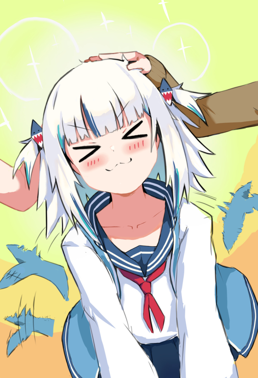 >_<, 1girl, :3, bangs, blue_hair, blue_sailor_collar, blue_skirt, blunt_bangs, blush, blush_stickers, collarbone, dress_shirt, fish_tail, gawr_gura, gradient, gradient_background, green_background, hair_ornament, happy, head_tilt, headpat, highres, hololive, hololive_english, medium_hair, motion_blur, motion_lines, multicolored_hair, neckerchief, orange_background, pleated_skirt, pov, pov_hands, red_neckerchief, sailor_collar, school_uniform, serafuku, shark_hair_ornament, shark_tail, shirt, skirt, solo, sparkle, streaked_hair, tail, tail_wagging, two_side_up, upper_body, v-shaped_eyebrows, v_arms, virtual_youtuber, wersman, white_hair, white_shirt, yellow_background