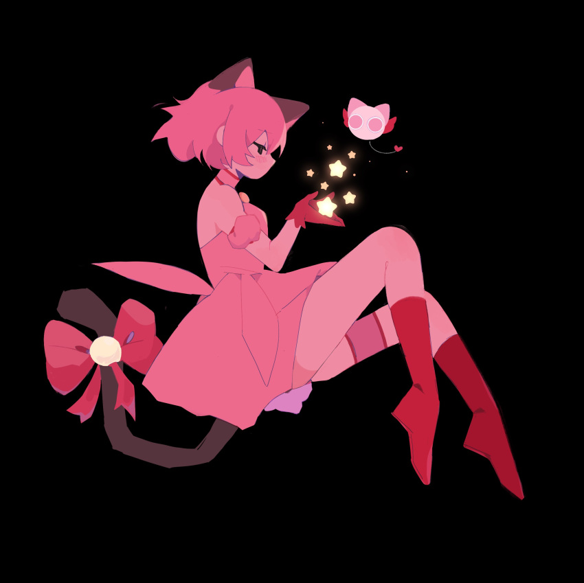 1girl, absurdres, animal_ears, black_eyes, boots, bow, cat_ears, cat_girl